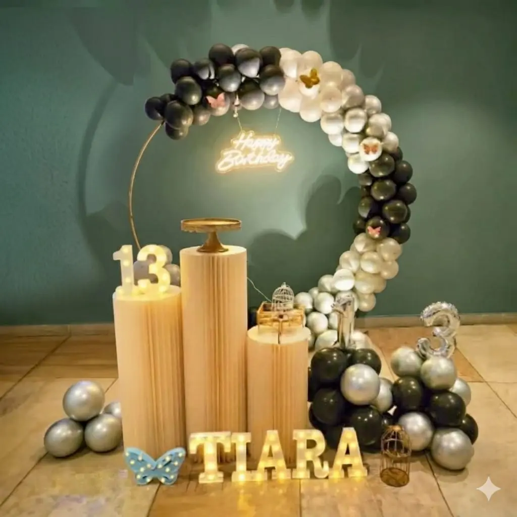 Black and White Birthday Decor with Balloon Pillars